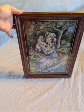 2/60$ Vintage Framed Cross Stitch Woman with Puppy - Blue, Brown, Green